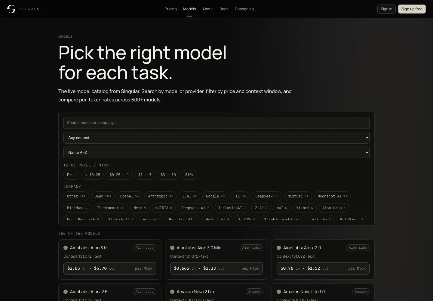 Singular's live model catalog